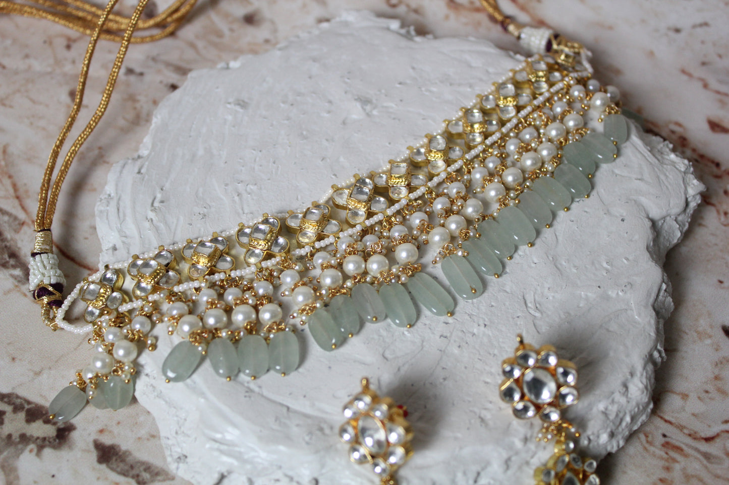 Nandi Pachi Kundan Necklace Set in Light Green