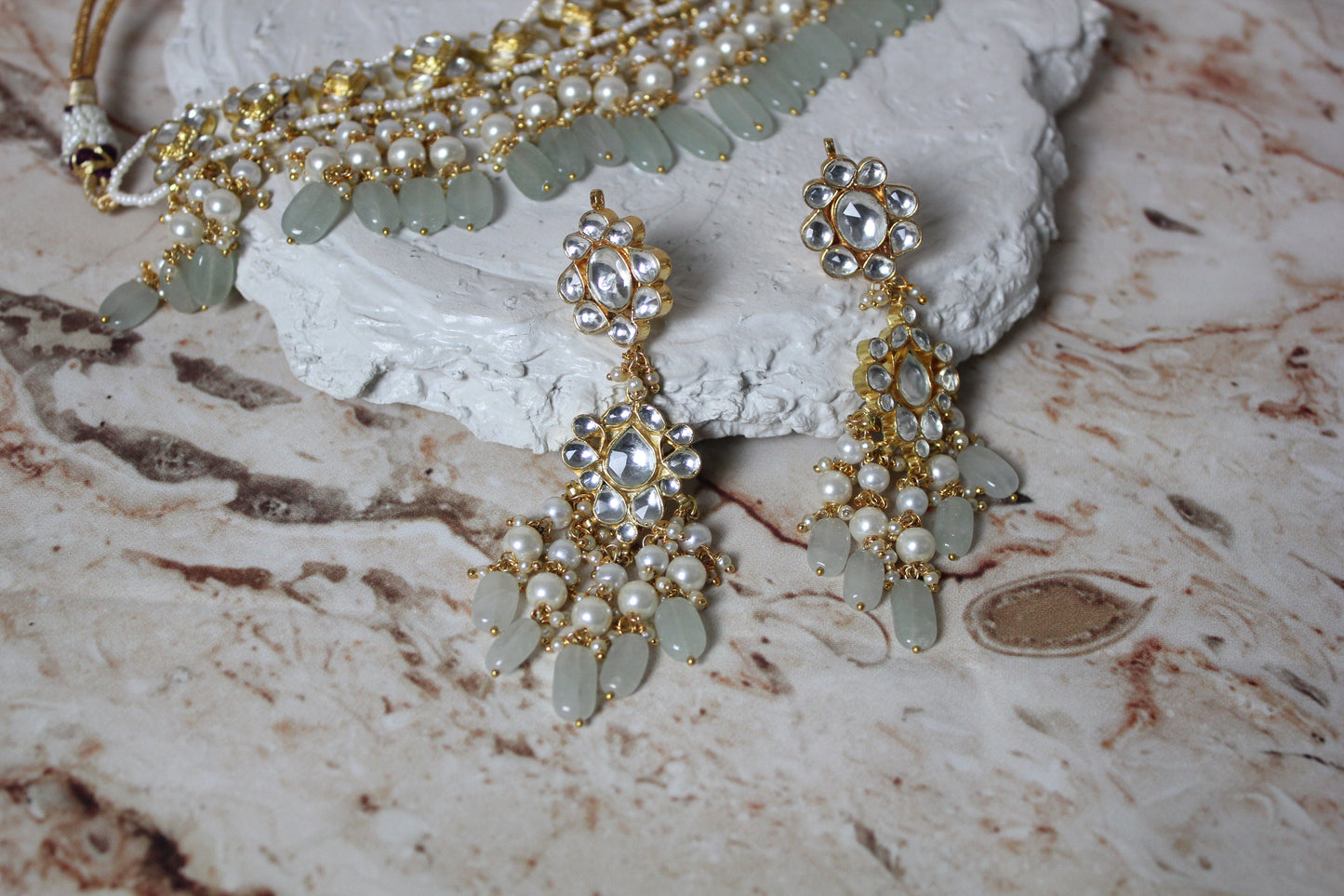 Nandi Pachi Kundan Necklace Set in Light Green