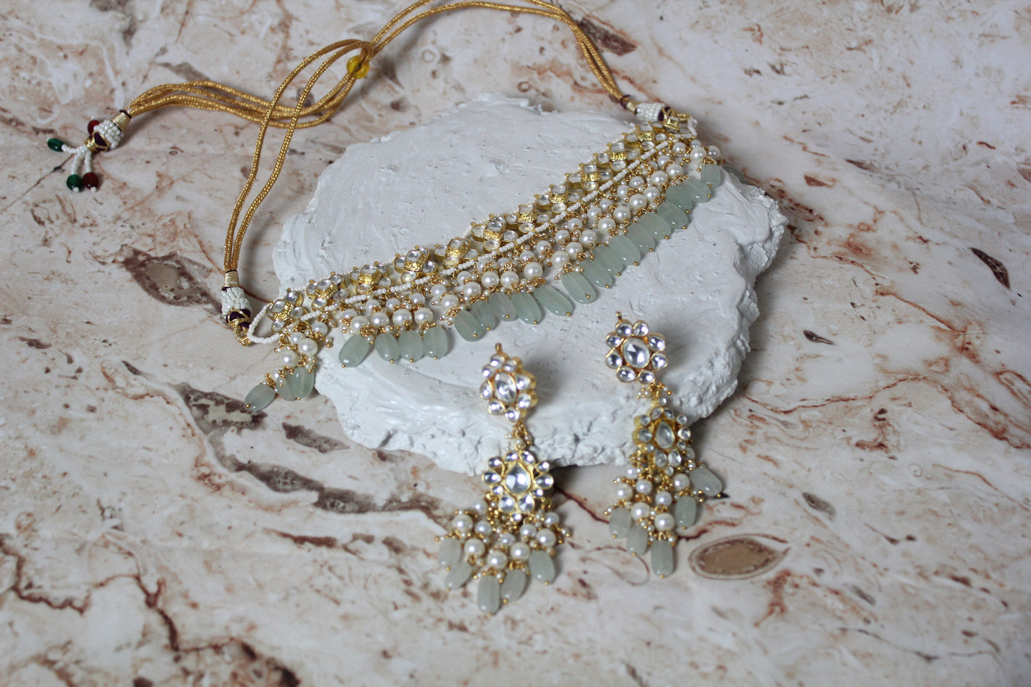 Nandi Pachi Kundan Necklace Set in Light Green