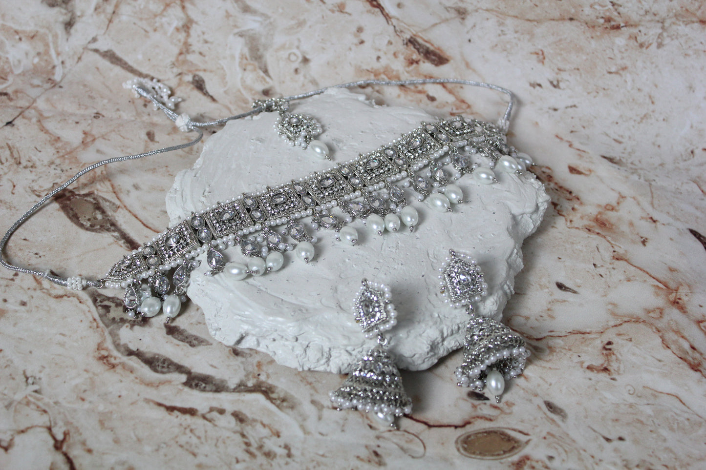 Rekha Necklace Set in Silver and White