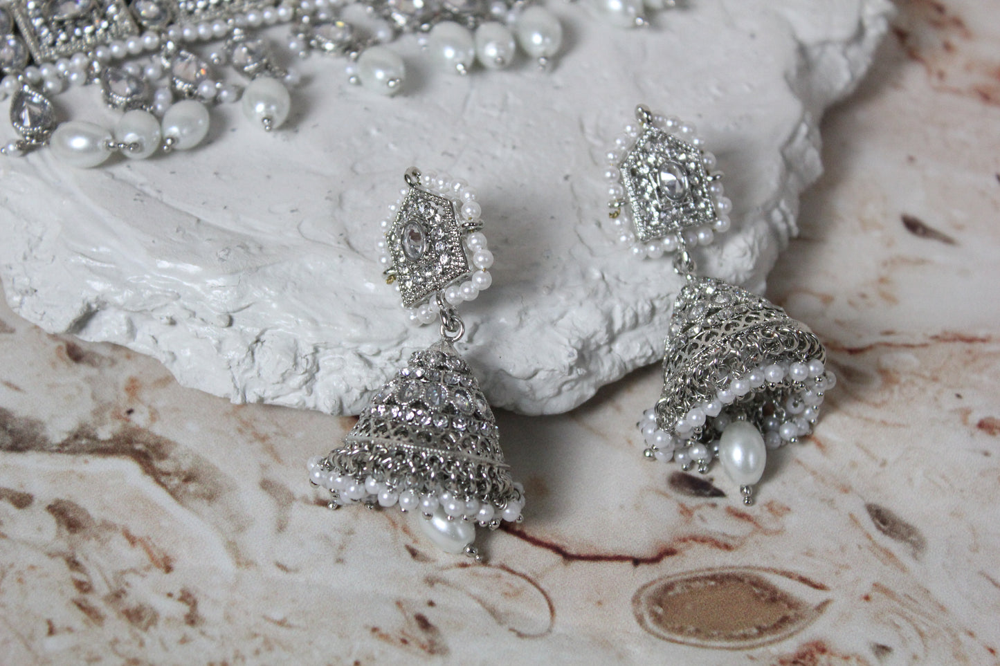 Rekha Necklace Set in Silver and White