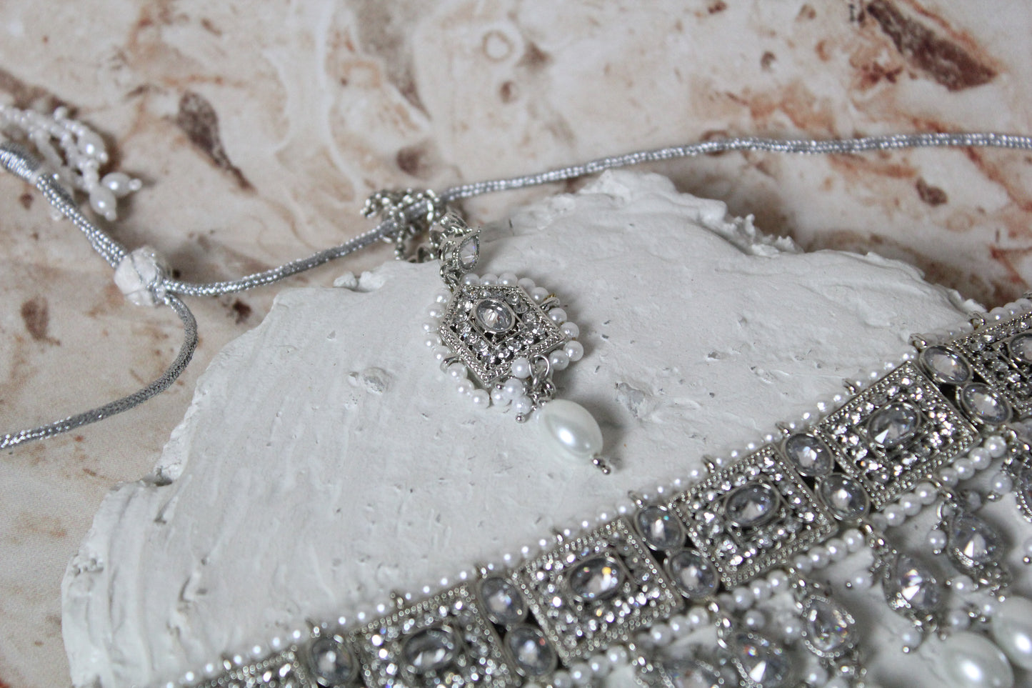 Rekha Necklace Set in Silver and White