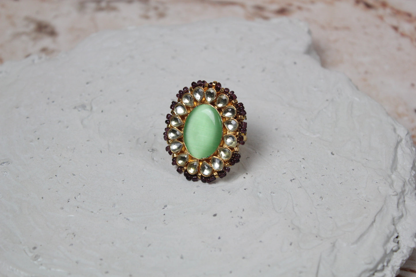 Diya Pachi Kundan Ring in Light Green