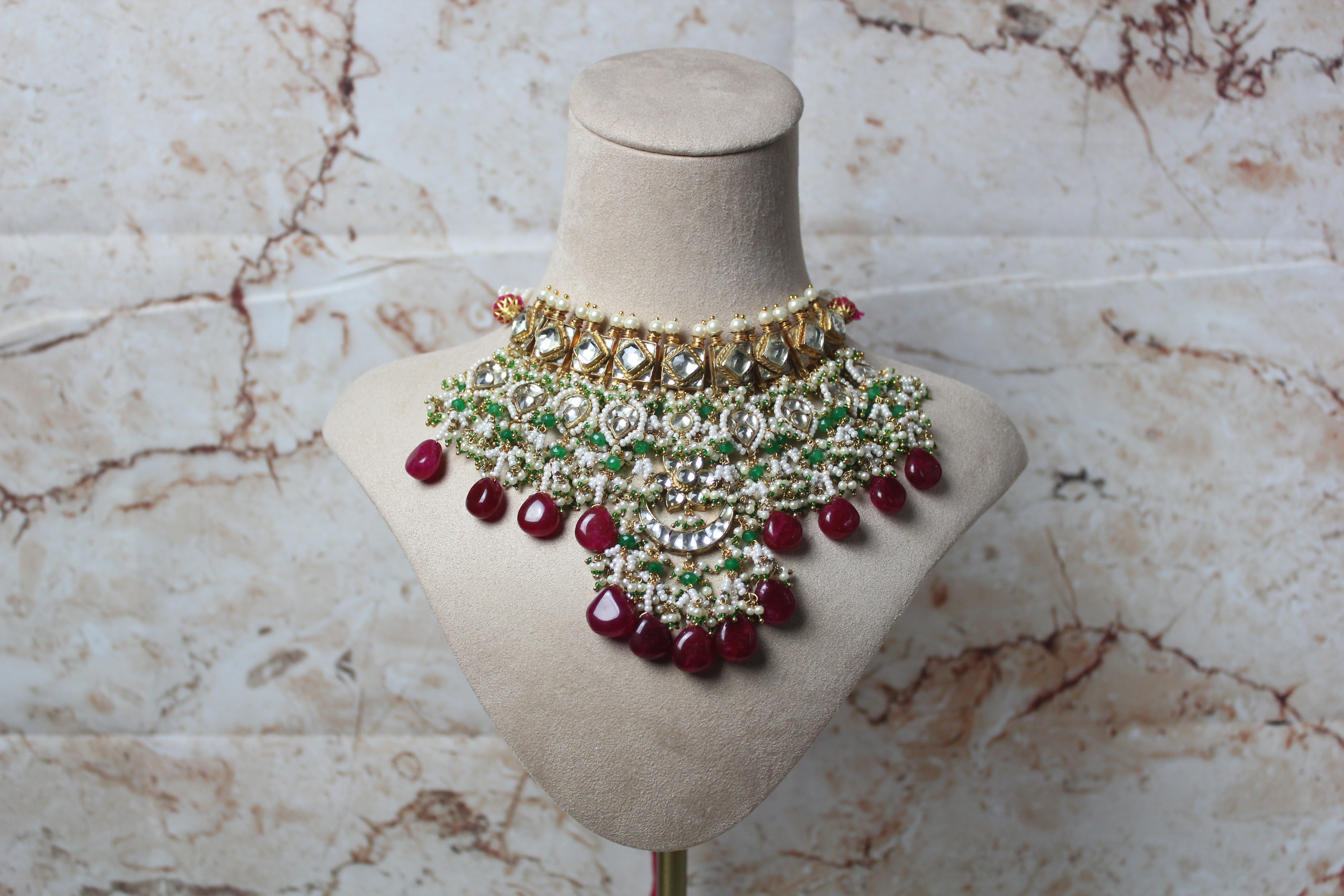 Julia Pachi Kundan Necklace Set in Maroon and Green