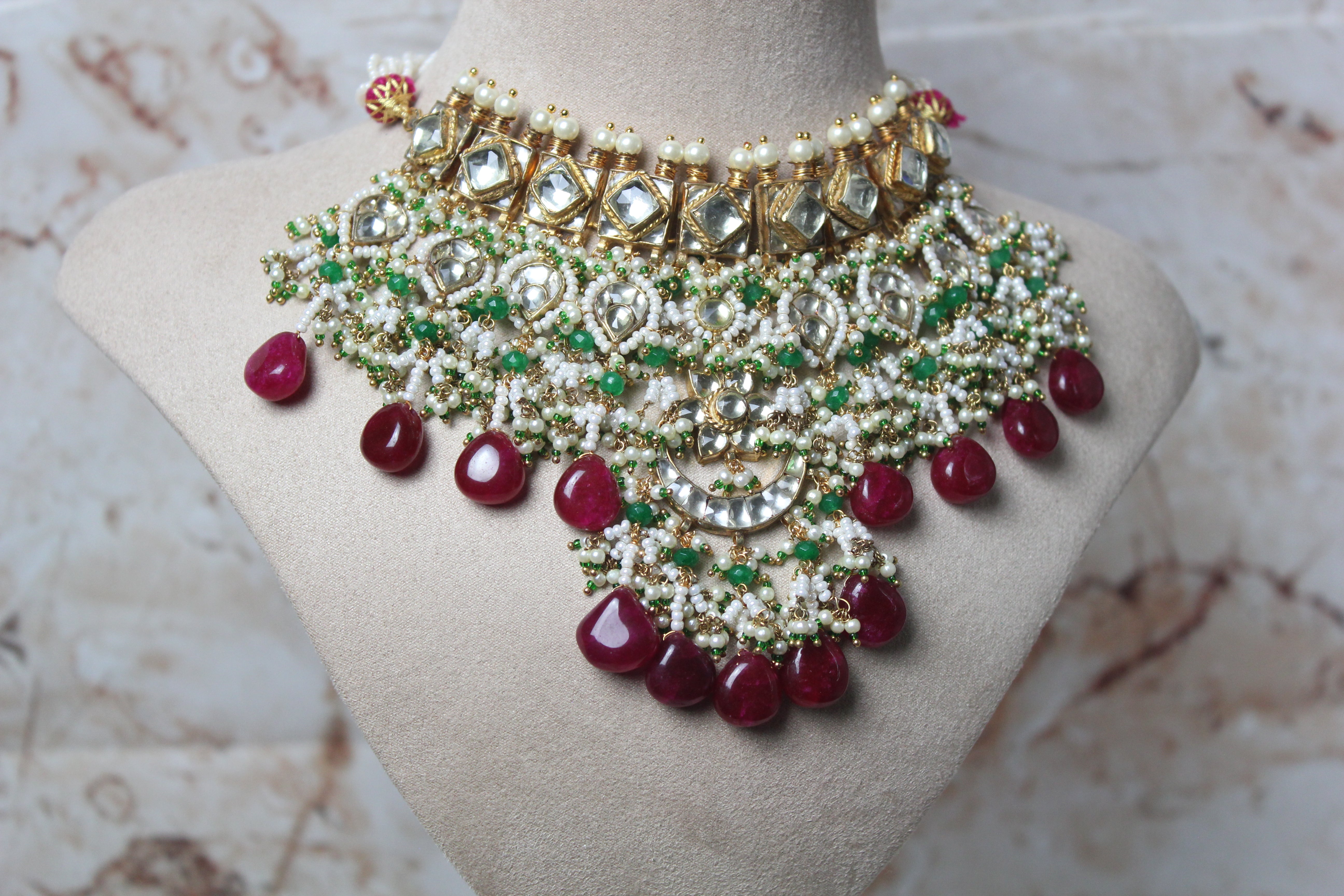 Julia Pachi Kundan Necklace Set in Maroon and Green