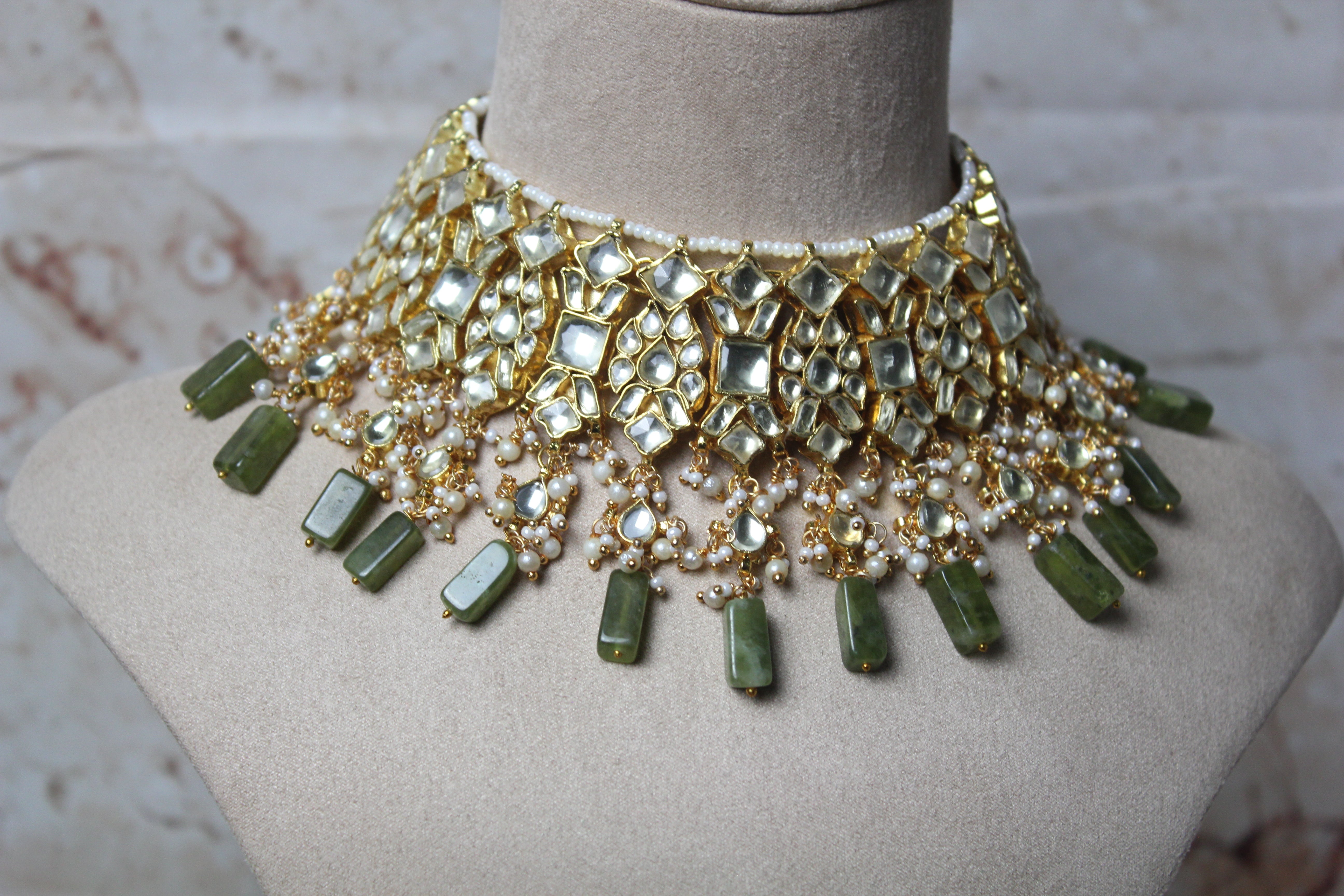 Azama Pachi Kundan Necklace Set in Olive Green