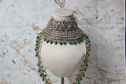 Anushka Polki Bridal Set in Green - Floral Mala