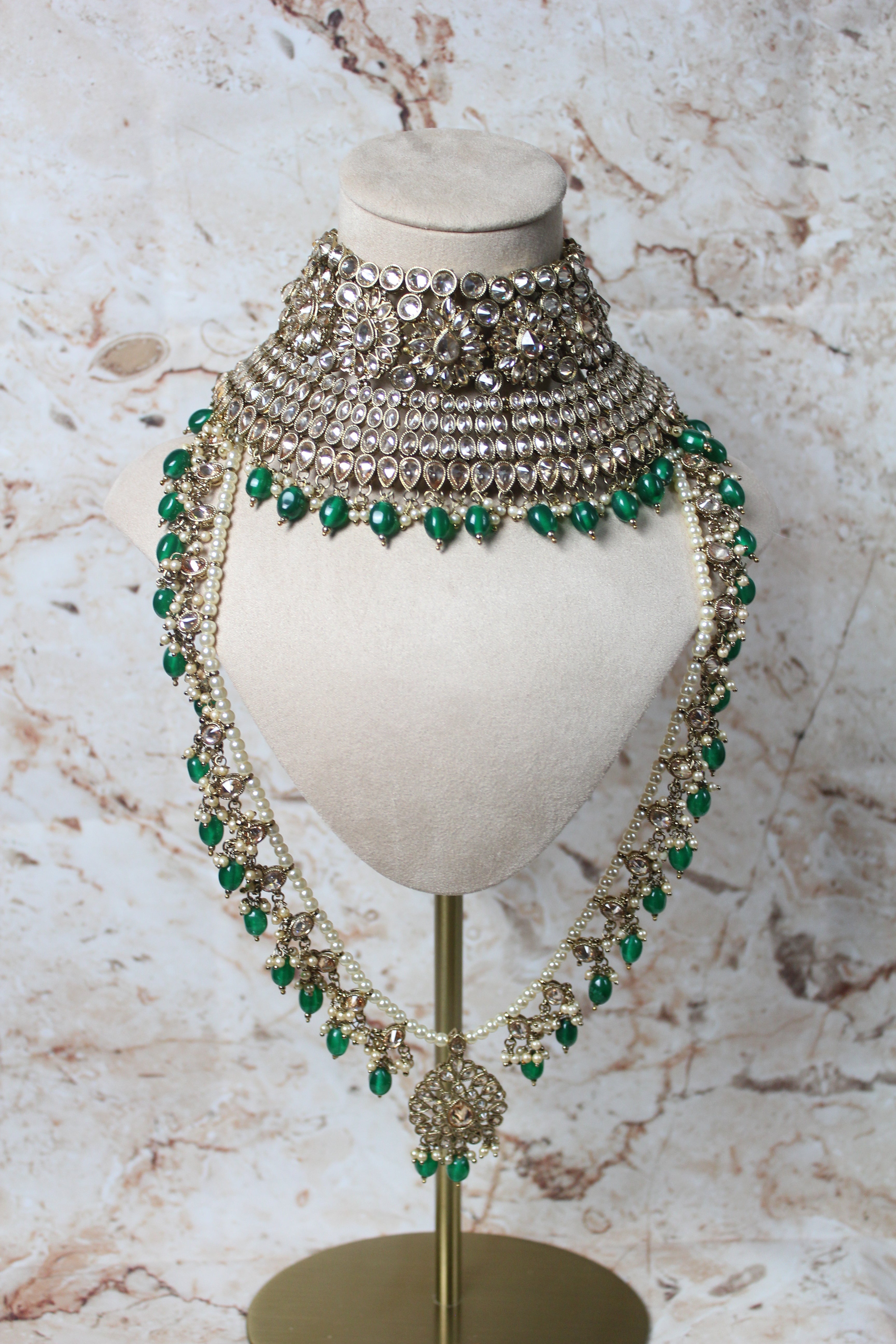 Anushka Polki Bridal Set in Green - Floral Mala