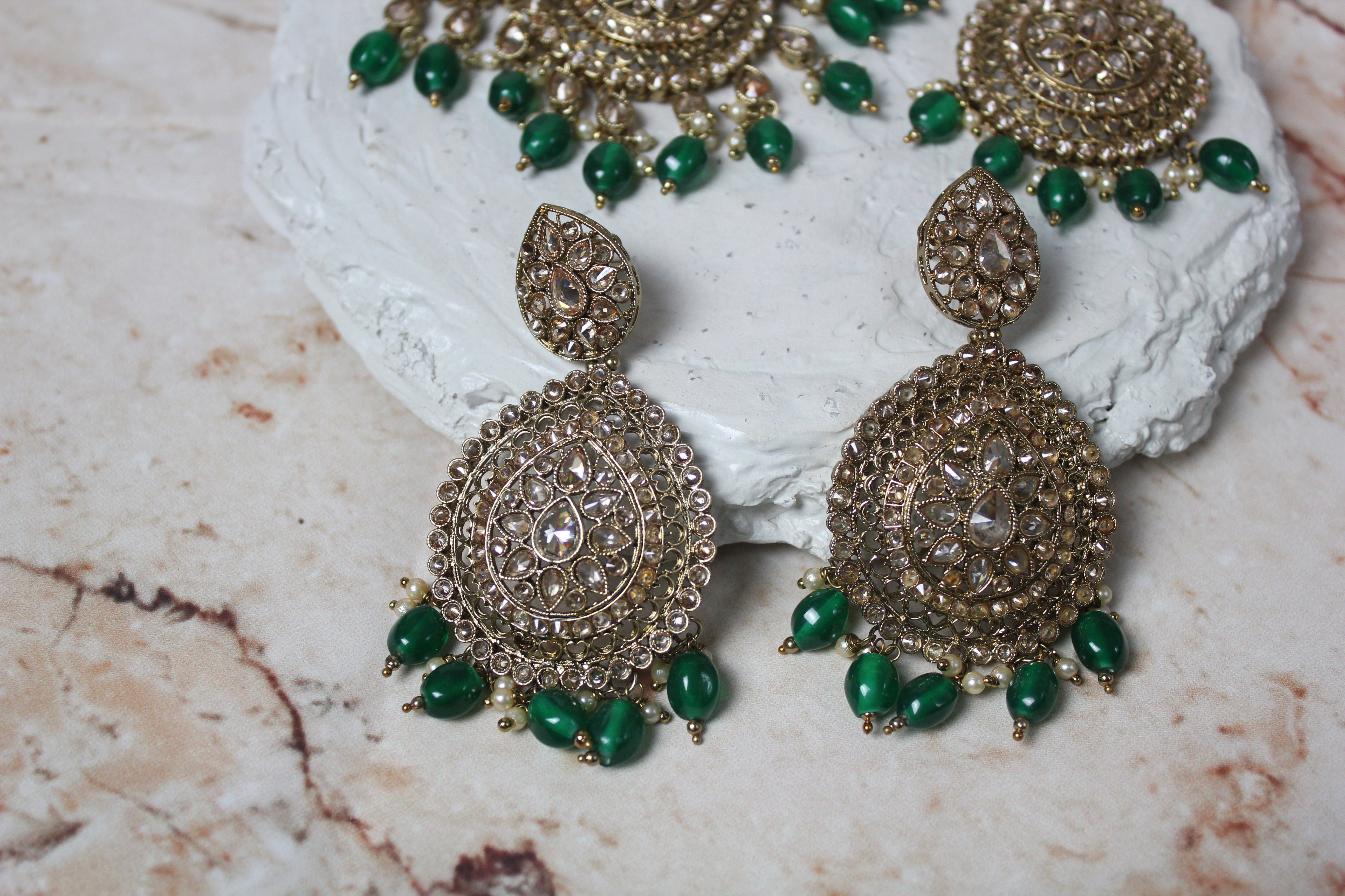 Anushka Polki Bridal Set in Green - Floral Mala