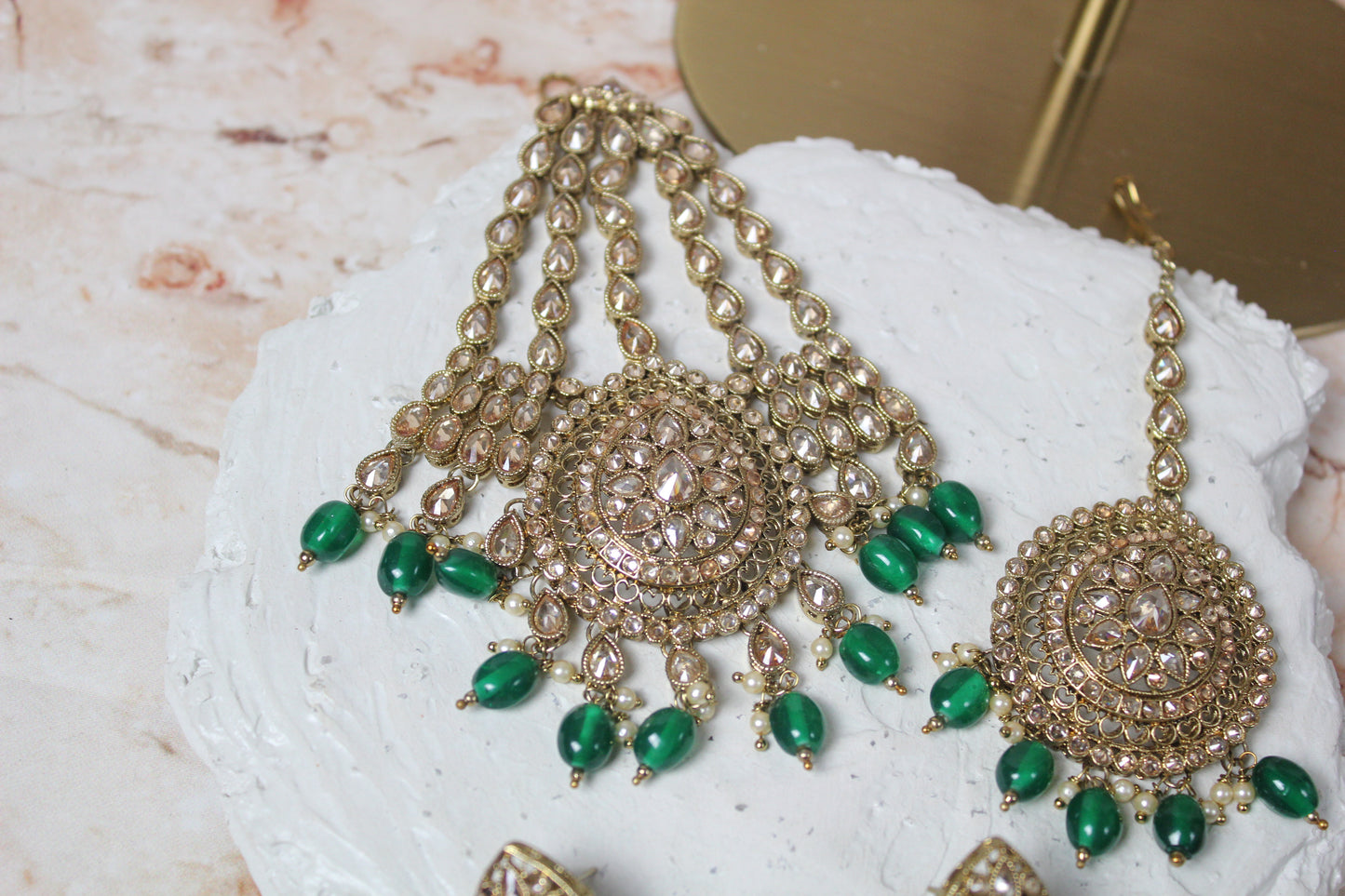 Anushka Polki Bridal Set in Green - Single Line Mala