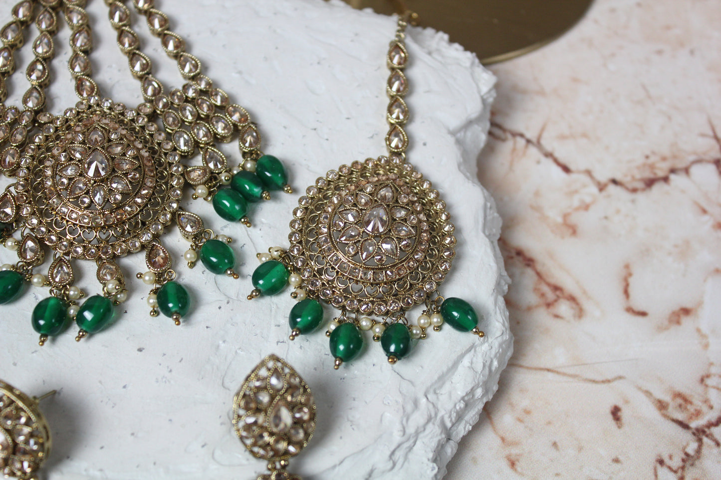 Anushka Polki Bridal Set in Green - Single Line Mala