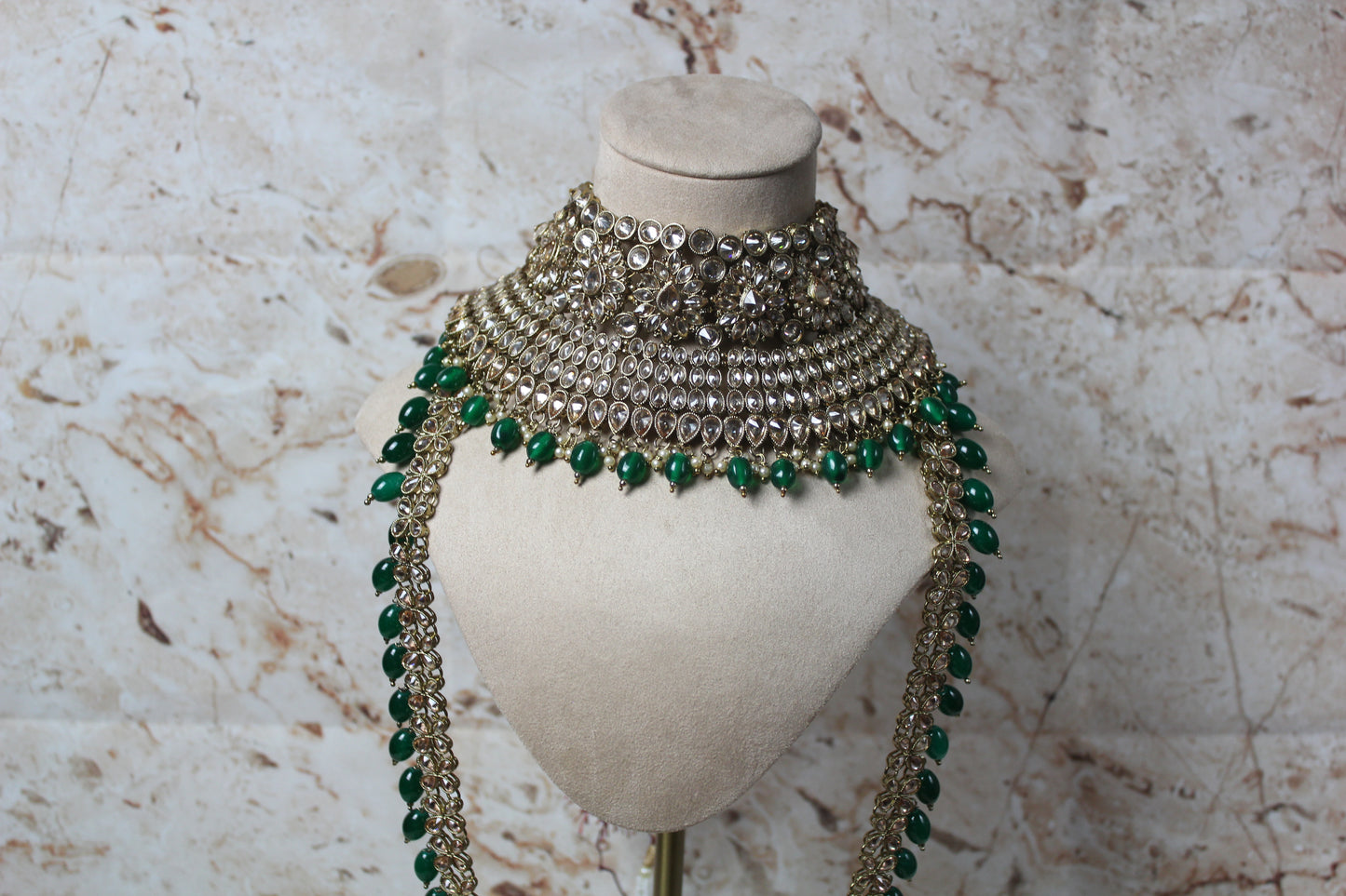 Anushka Polki Bridal Set in Green - Single Line Mala