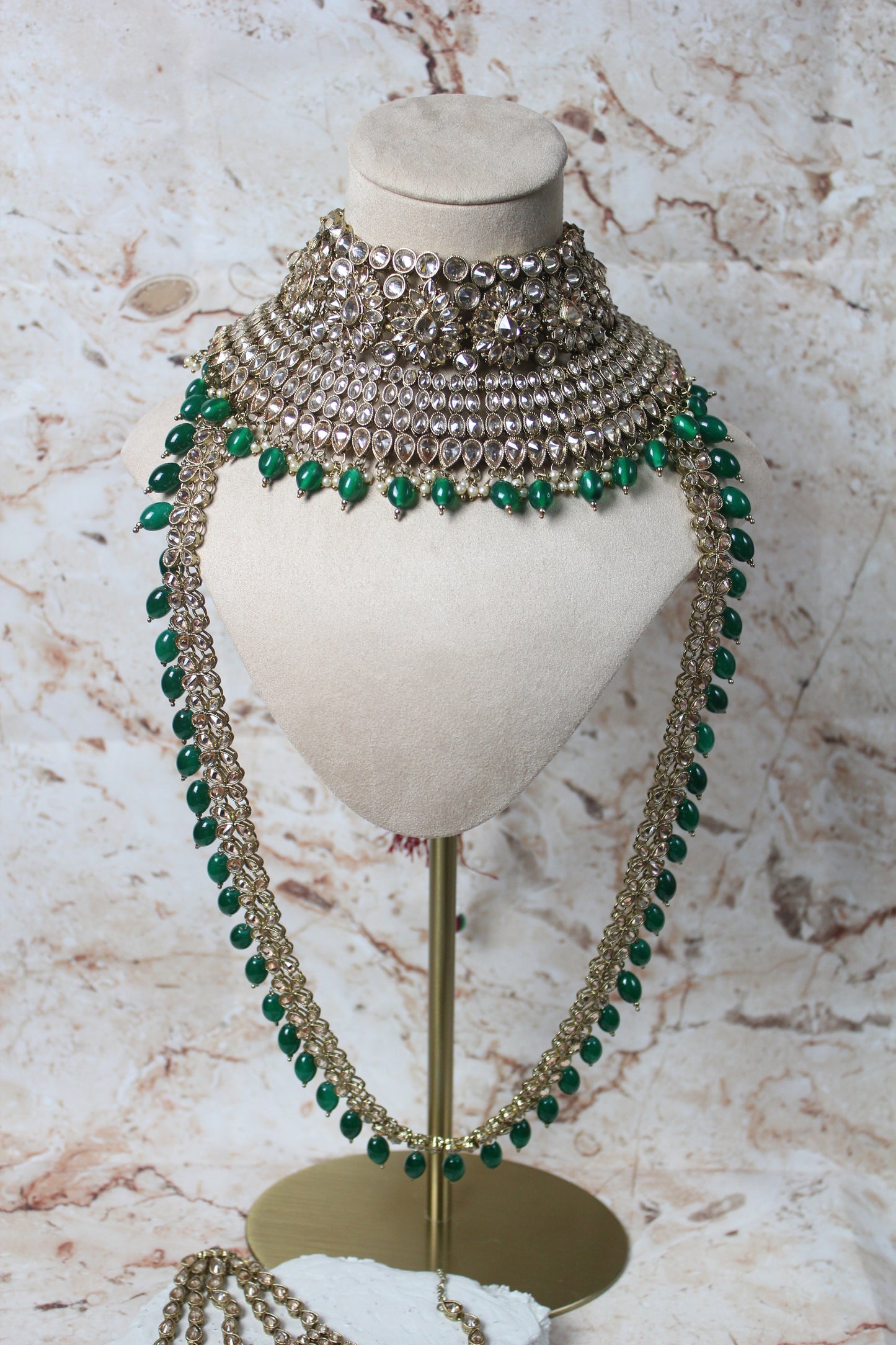 Anushka Polki Bridal Set in Green - Single Line Mala