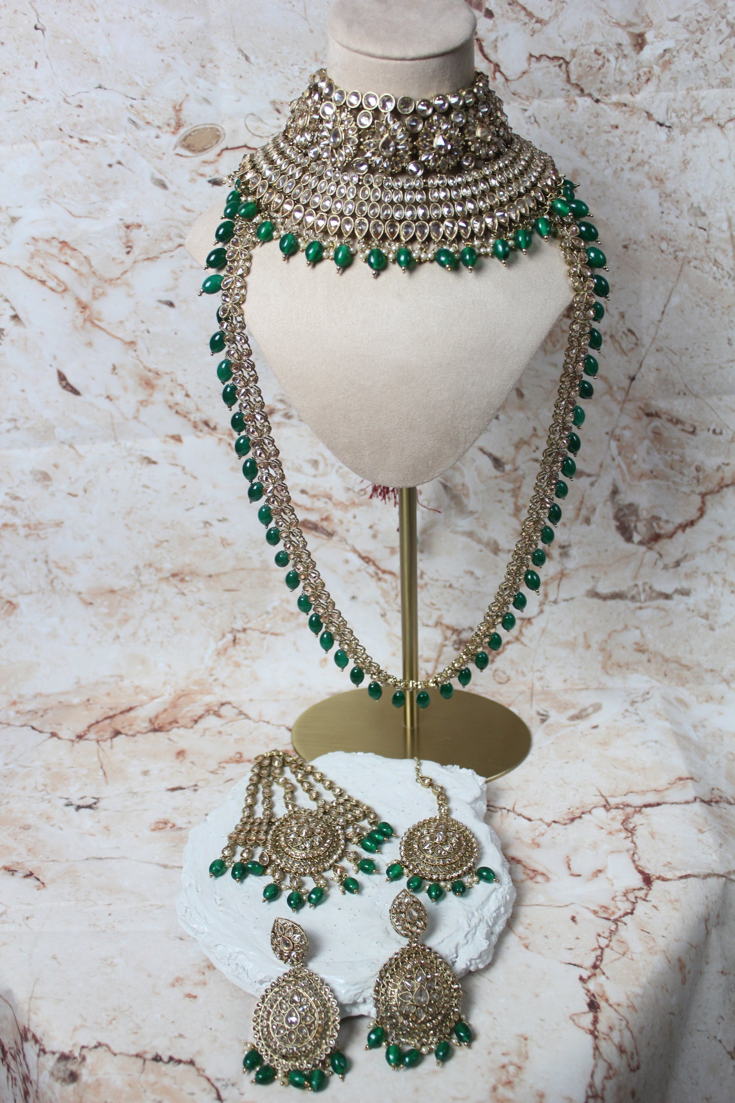 Anushka Polki Bridal Set in Green - Single Line Mala