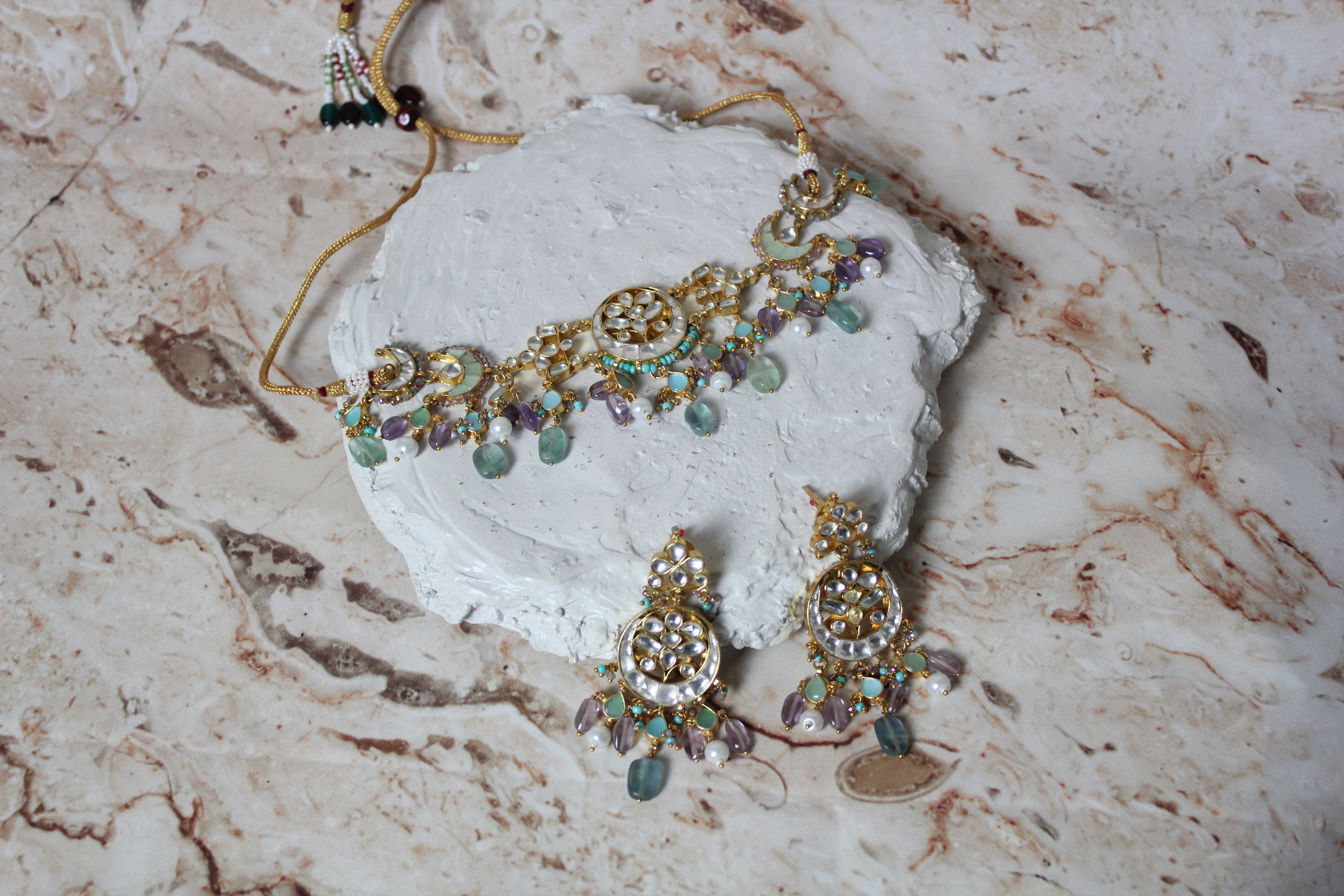 Alisha Pachi Kundan Necklace Set in Blue and Purple